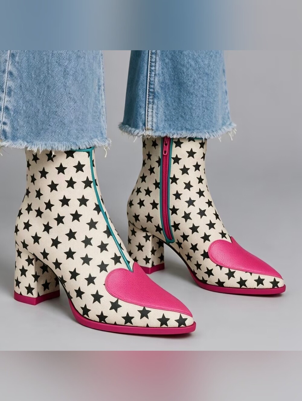 Women'S Star Print Pointed Toe Ankle Boots Pink Heart Patch Decor on Toe Side